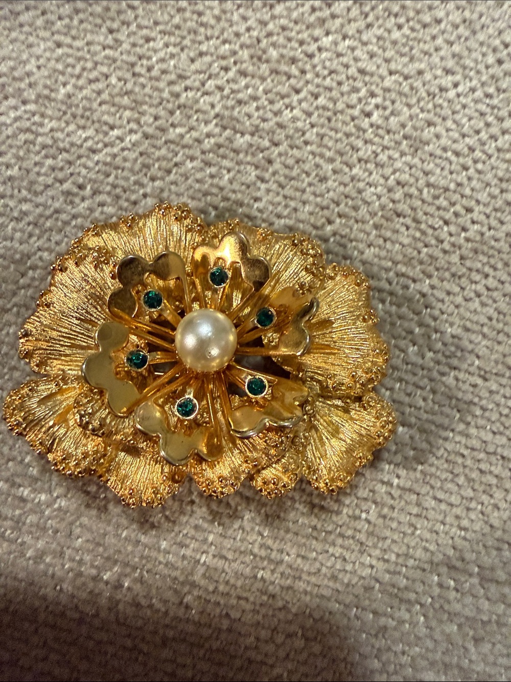 Sarah Coventry Floral Brooch with faux Pearl and Green Accents